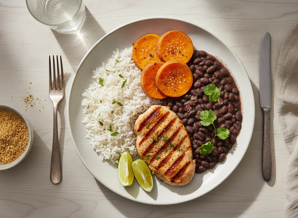 Frango grelhado com arroz e feijão e batata doce photo