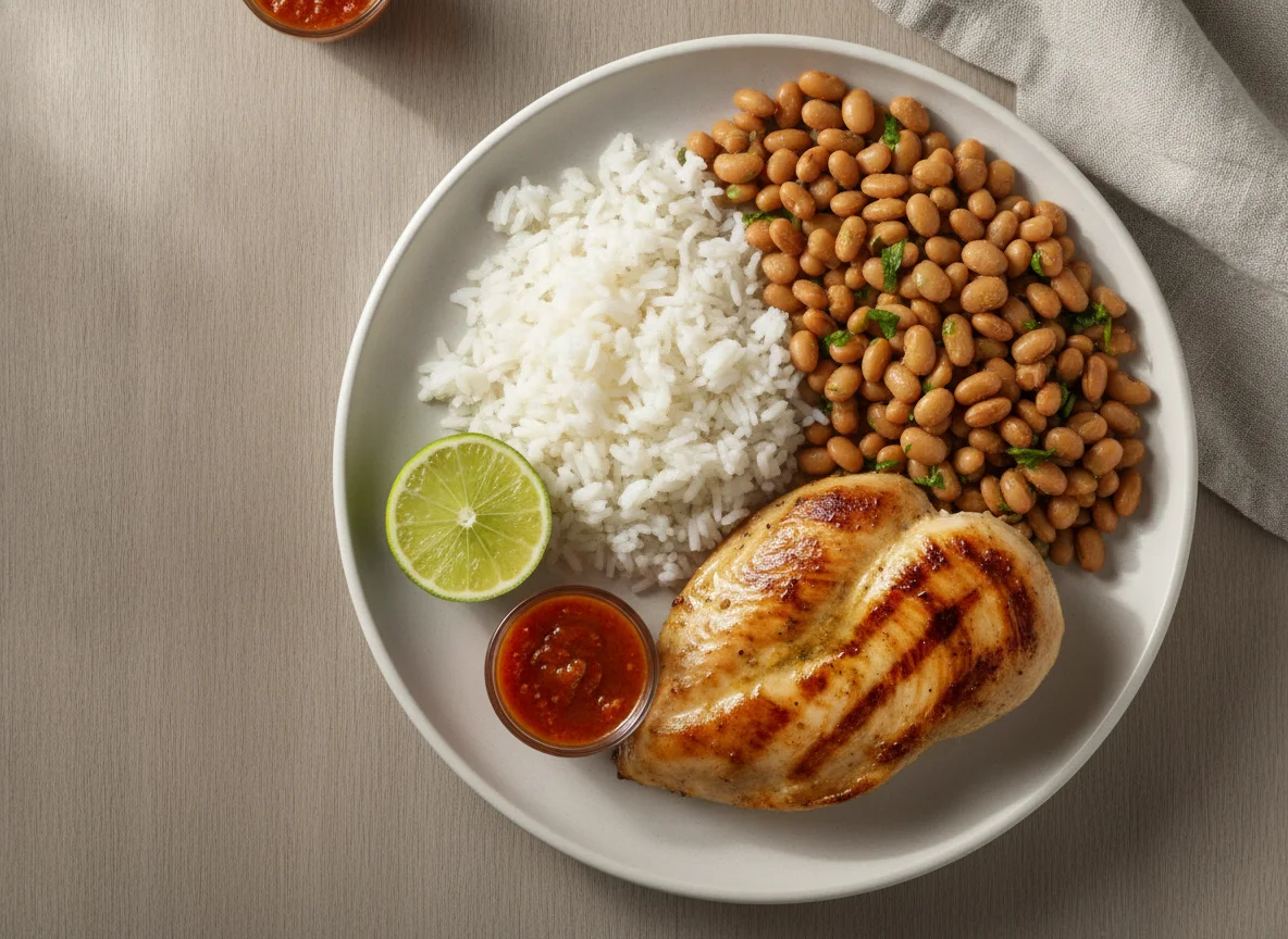 Frango grelhado com arroz e feijão fradinho photo