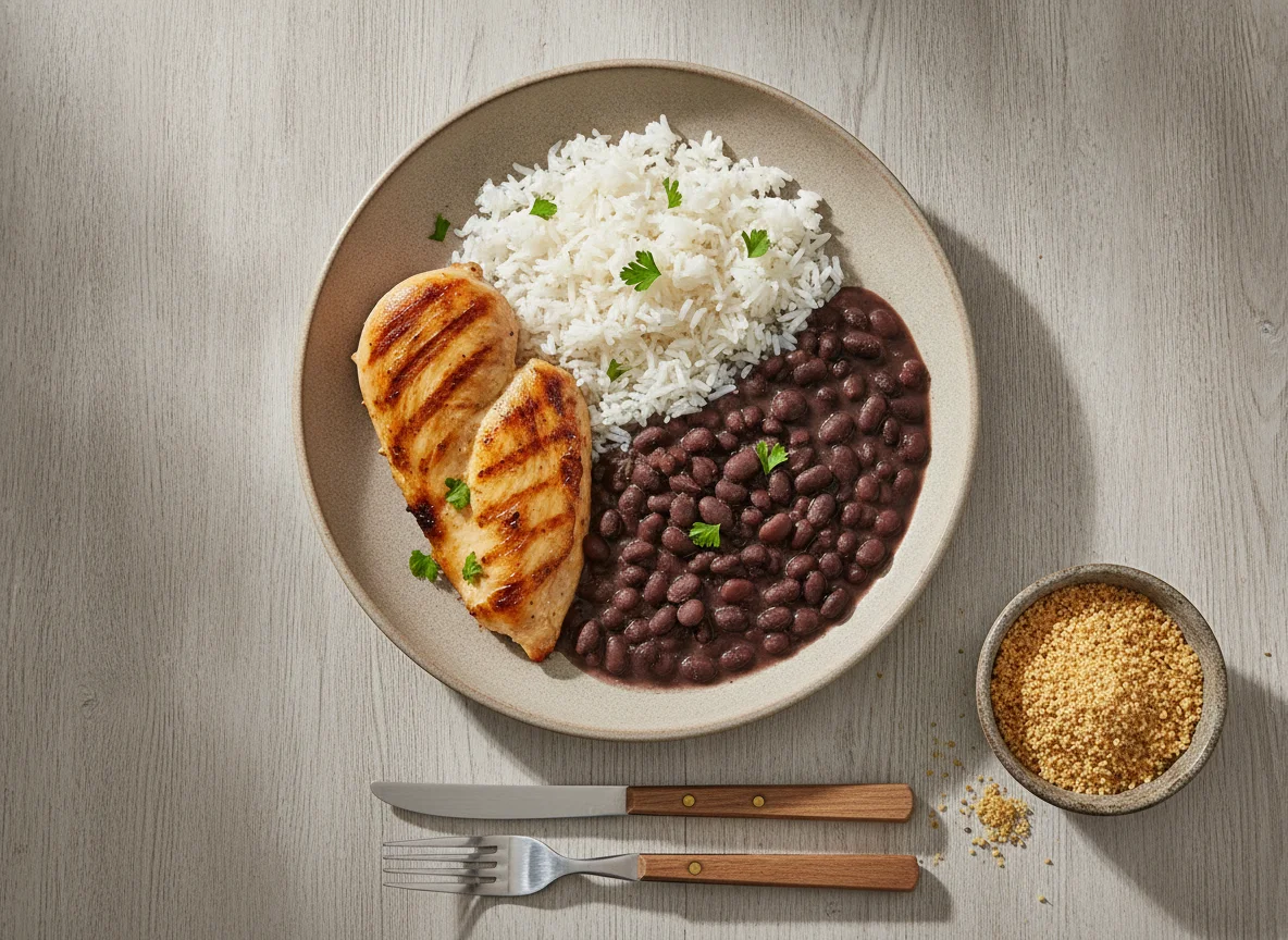 Frango grelhado com arroz e feijão preto photo