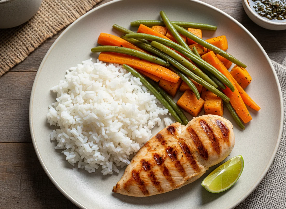 Frango grelhado com arroz e legumes photo