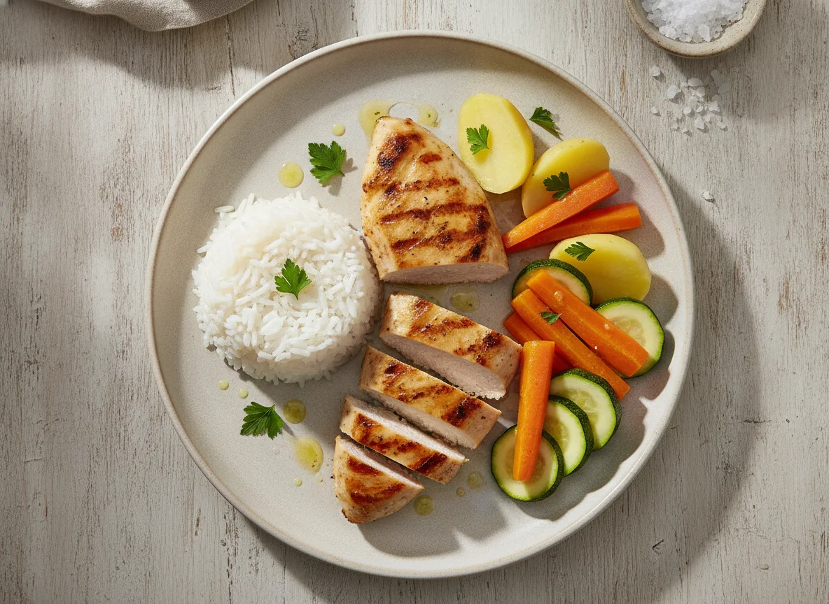 Frango grelhado com arroz e legumes cozidos photo