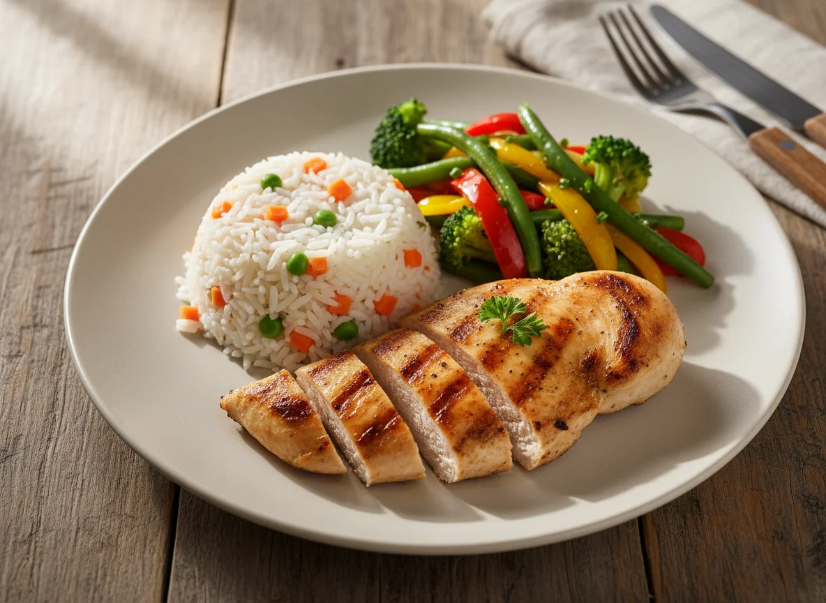 Frango grelhado com arroz e legumes salteados photo