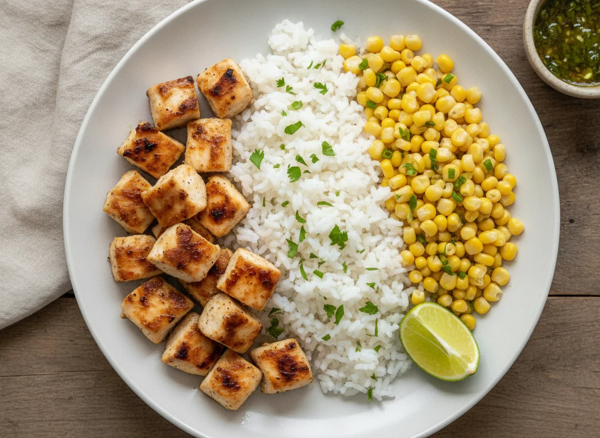 Frango grelhado com arroz e milho photo