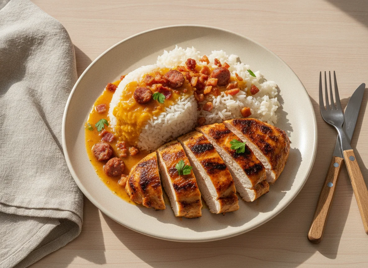 Frango grelhado com arroz e molho photo