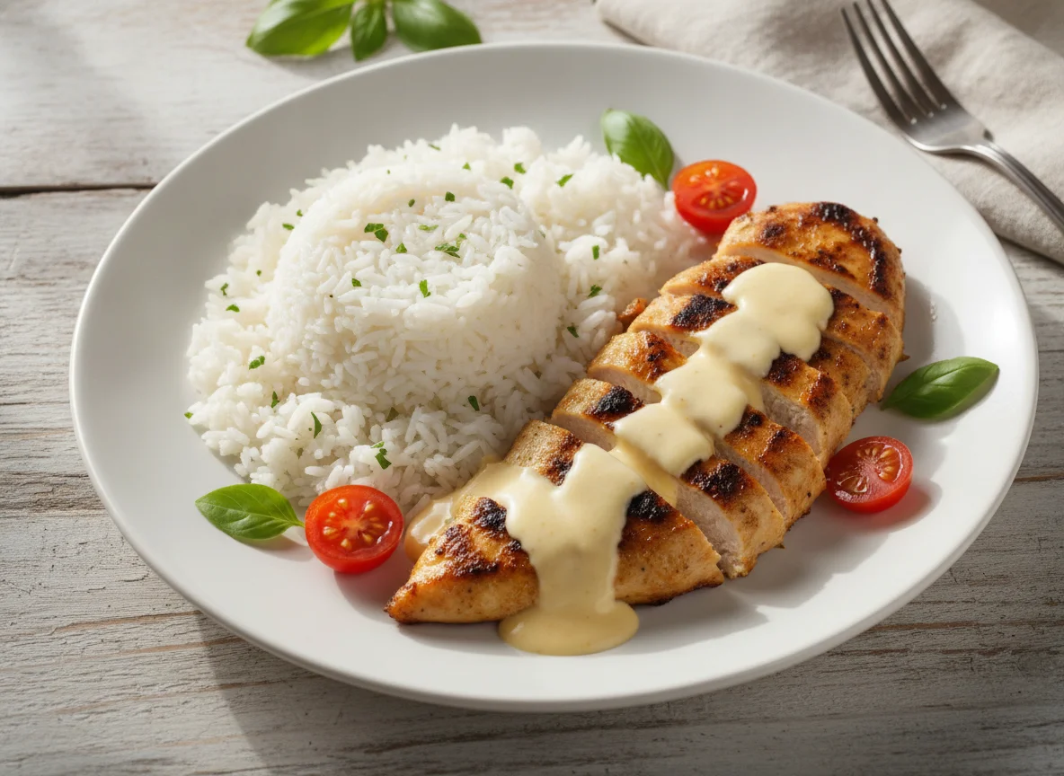 Frango grelhado com arroz e molho cremoso photo