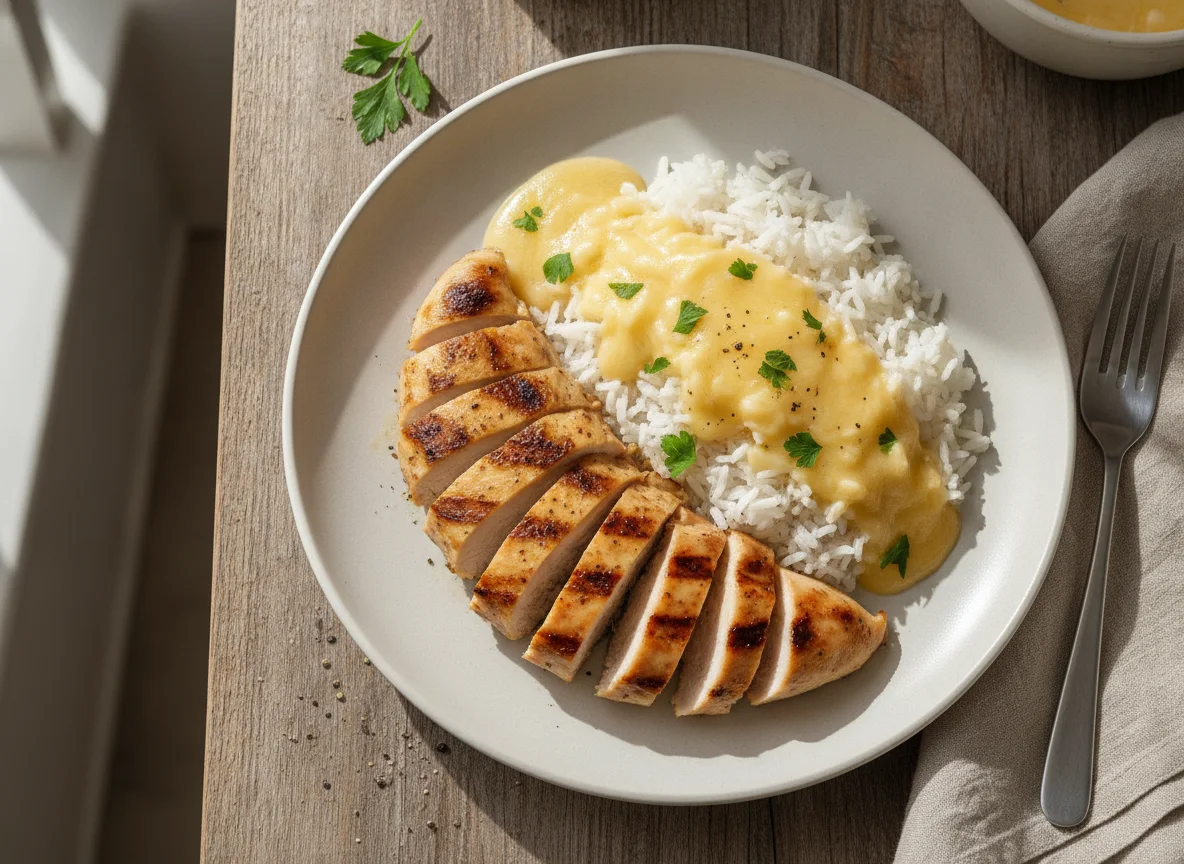 Frango grelhado com arroz e molho de queijo photo