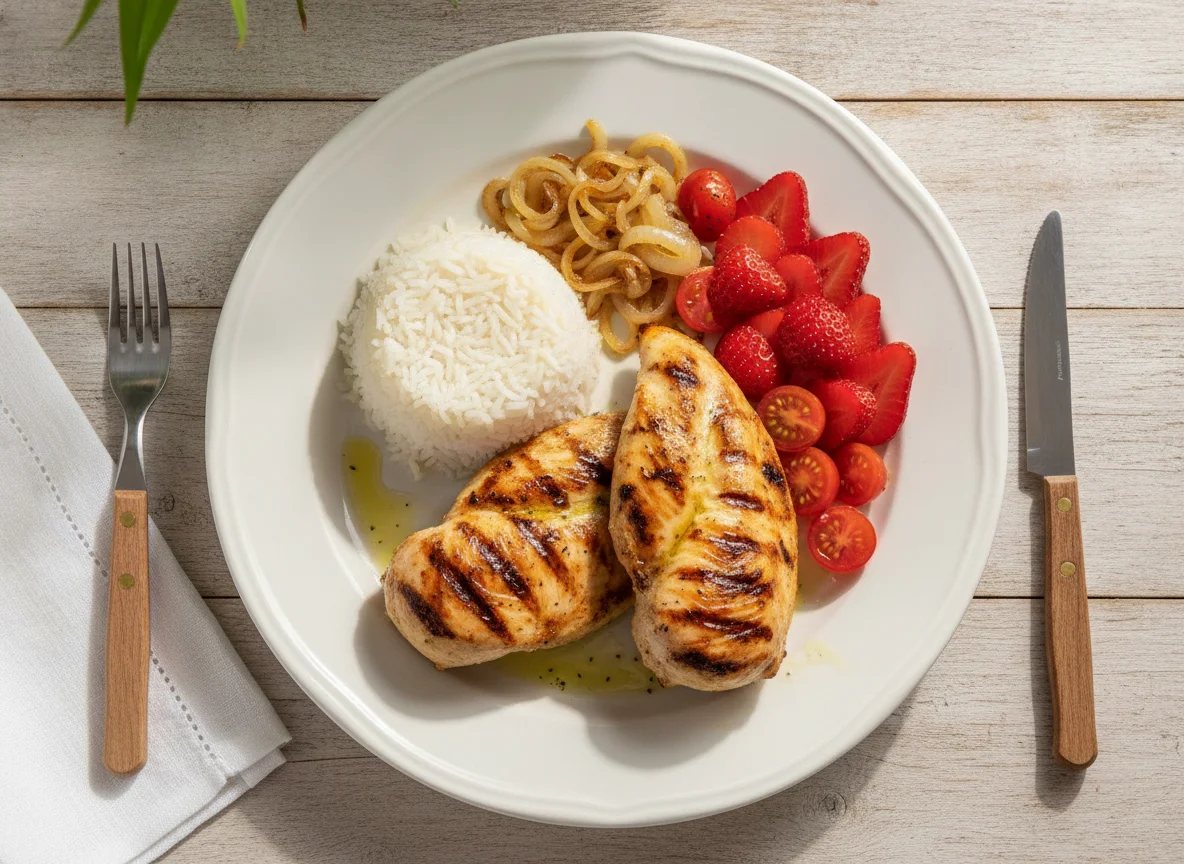 Frango grelhado com arroz e morangos photo