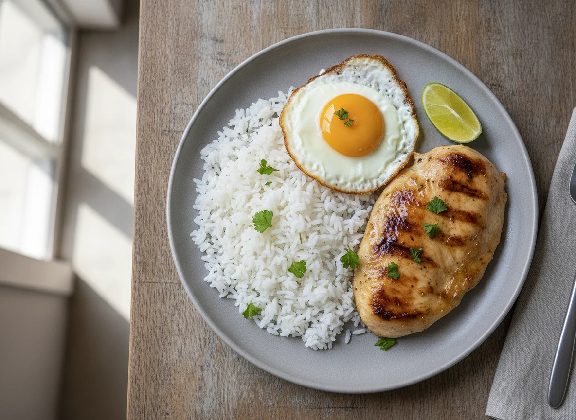 Frango grelhado com arroz e ovo frito photo