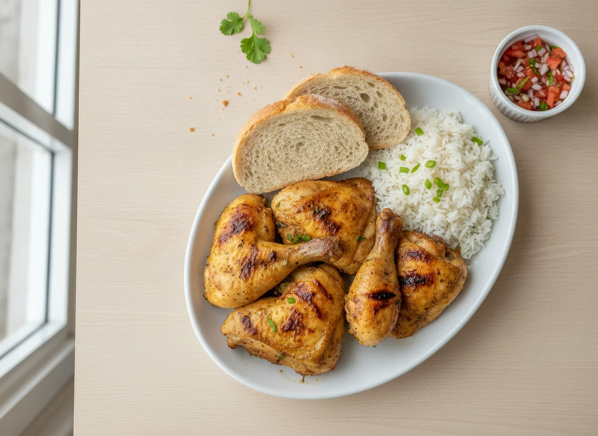 Frango grelhado com arroz e pão photo