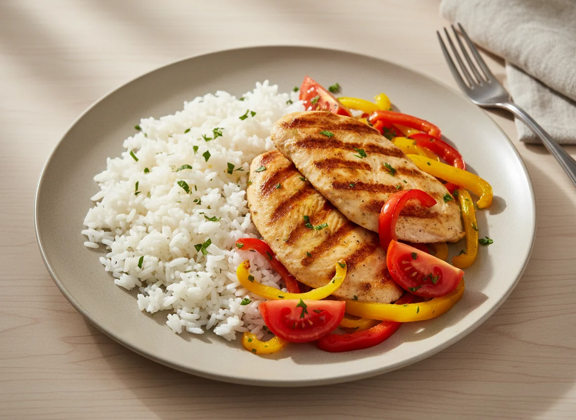 Frango grelhado com arroz e pimentões photo