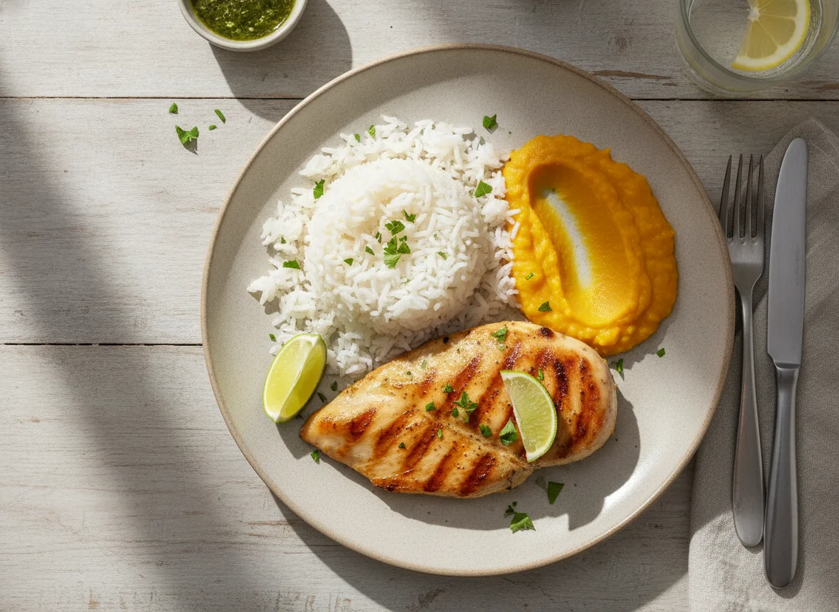 Frango grelhado com arroz e purê de abóbora photo
