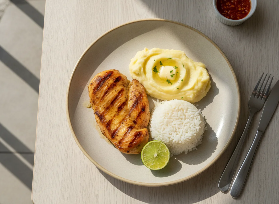 Frango grelhado com arroz e purê de batata photo