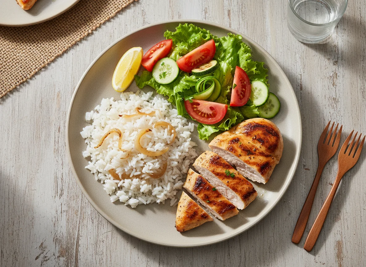 Frango grelhado com arroz e salada photo