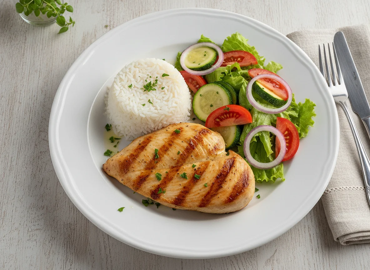 Frango grelhado com arroz e salada de legumes photo