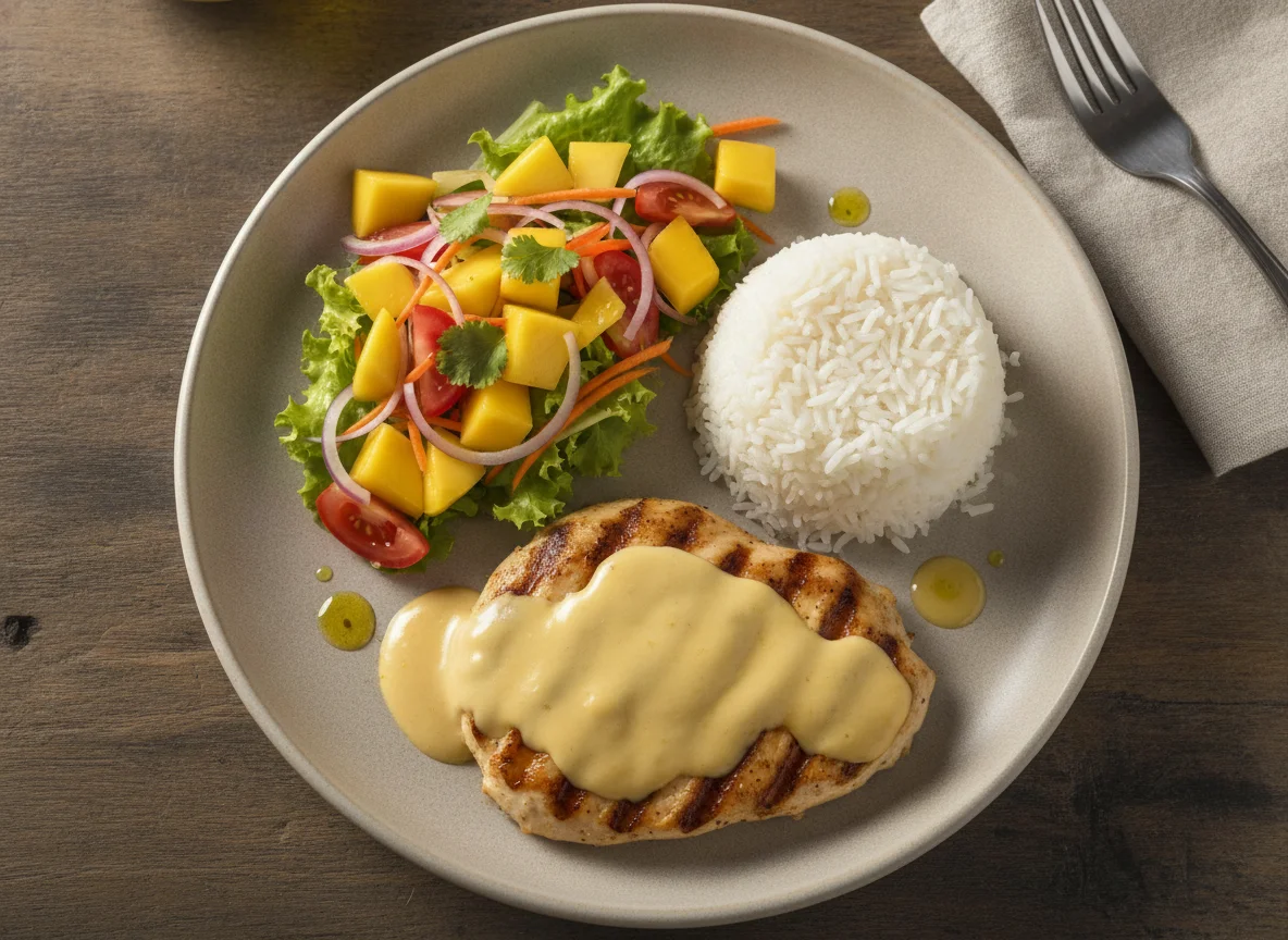 Frango grelhado com arroz e salada de manga photo