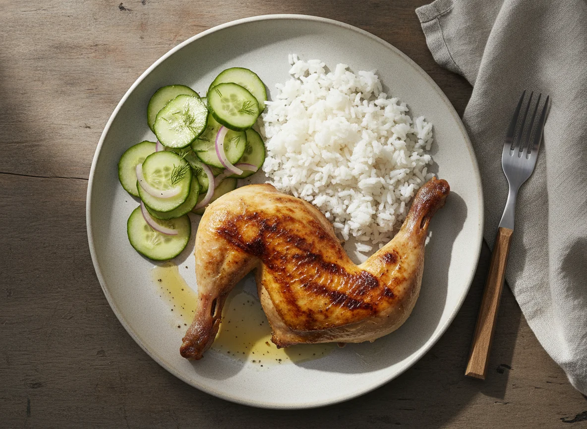 Frango grelhado com arroz e salada de pepino photo