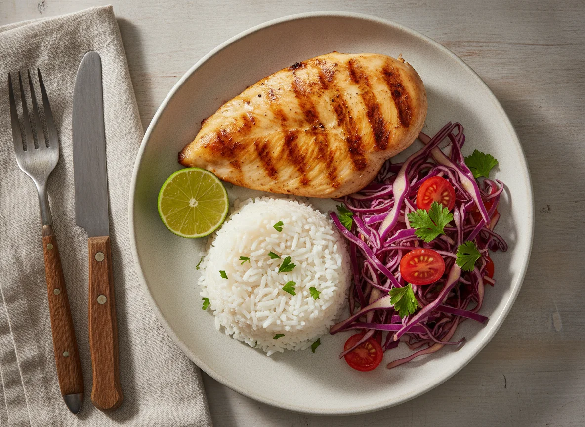 Frango grelhado com arroz e salada de repolho roxo photo