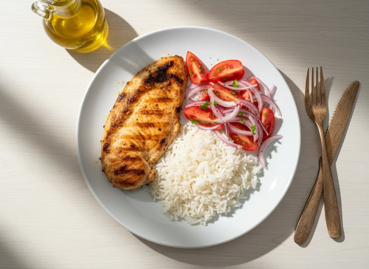 Frango grelhado com arroz e salada de tomate e cebola photo