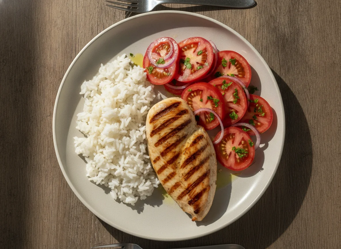 Frango grelhado com arroz e salada de tomate photo