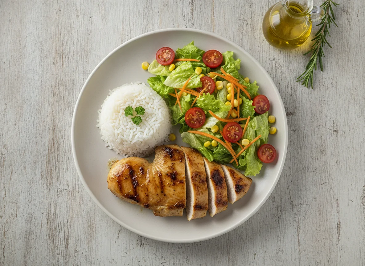 Frango grelhado com arroz e salada mista photo