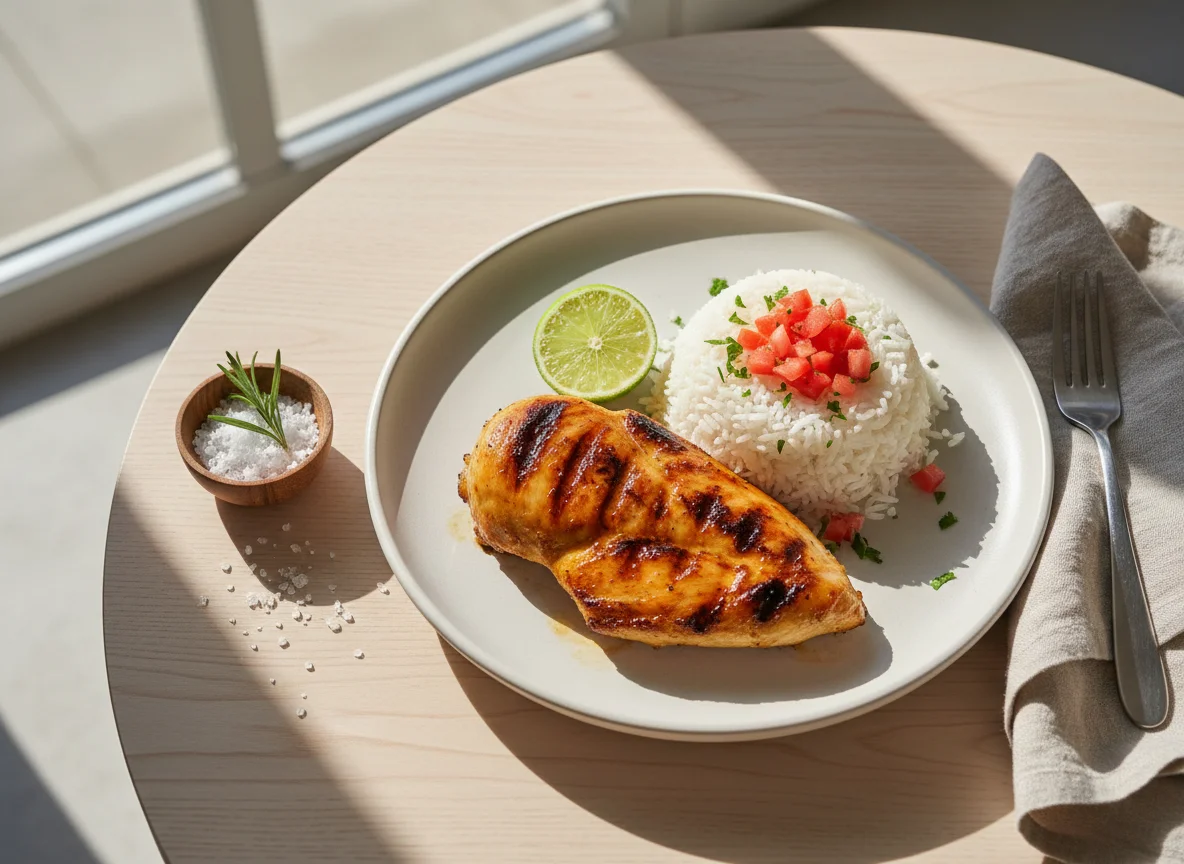 Frango grelhado com arroz e tomate photo