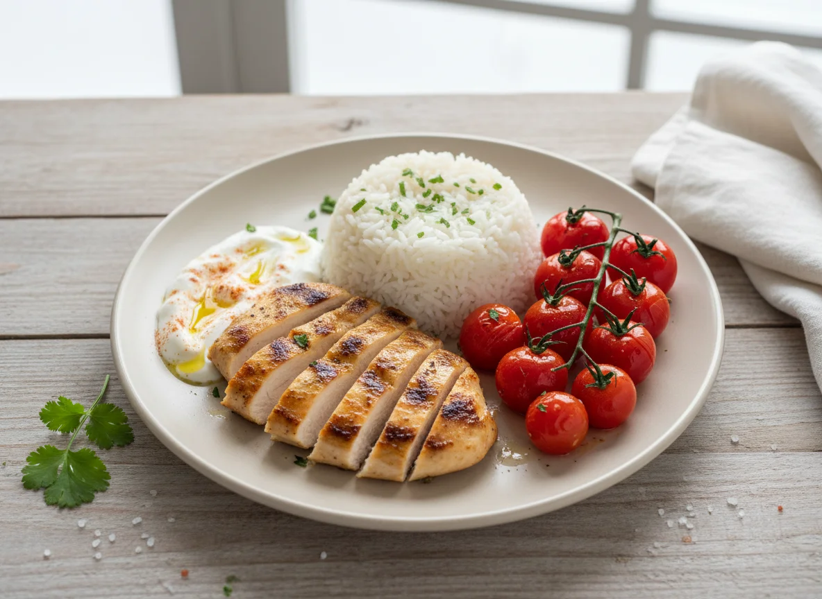 Frango grelhado com arroz e tomate cereja photo