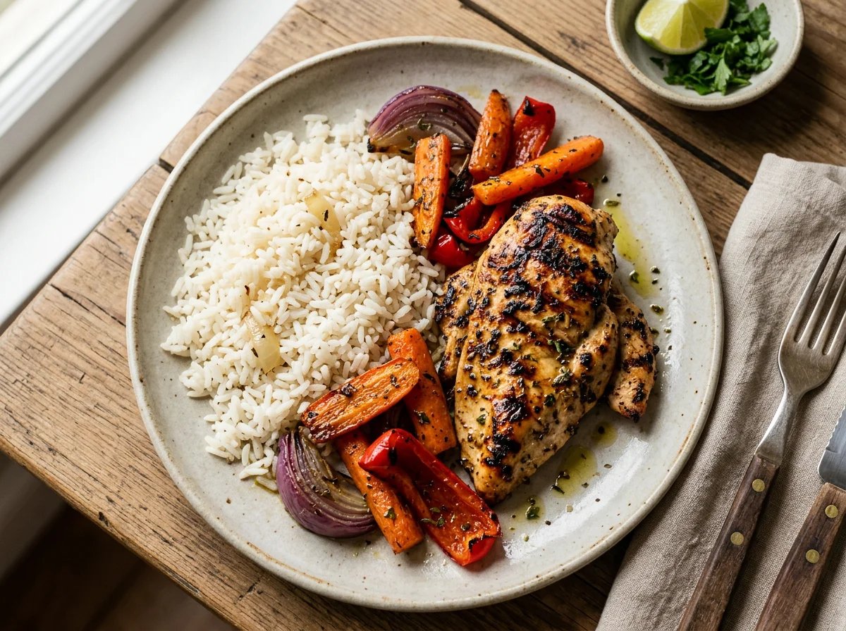 Frango grelhado com arroz e vegetais assados photo