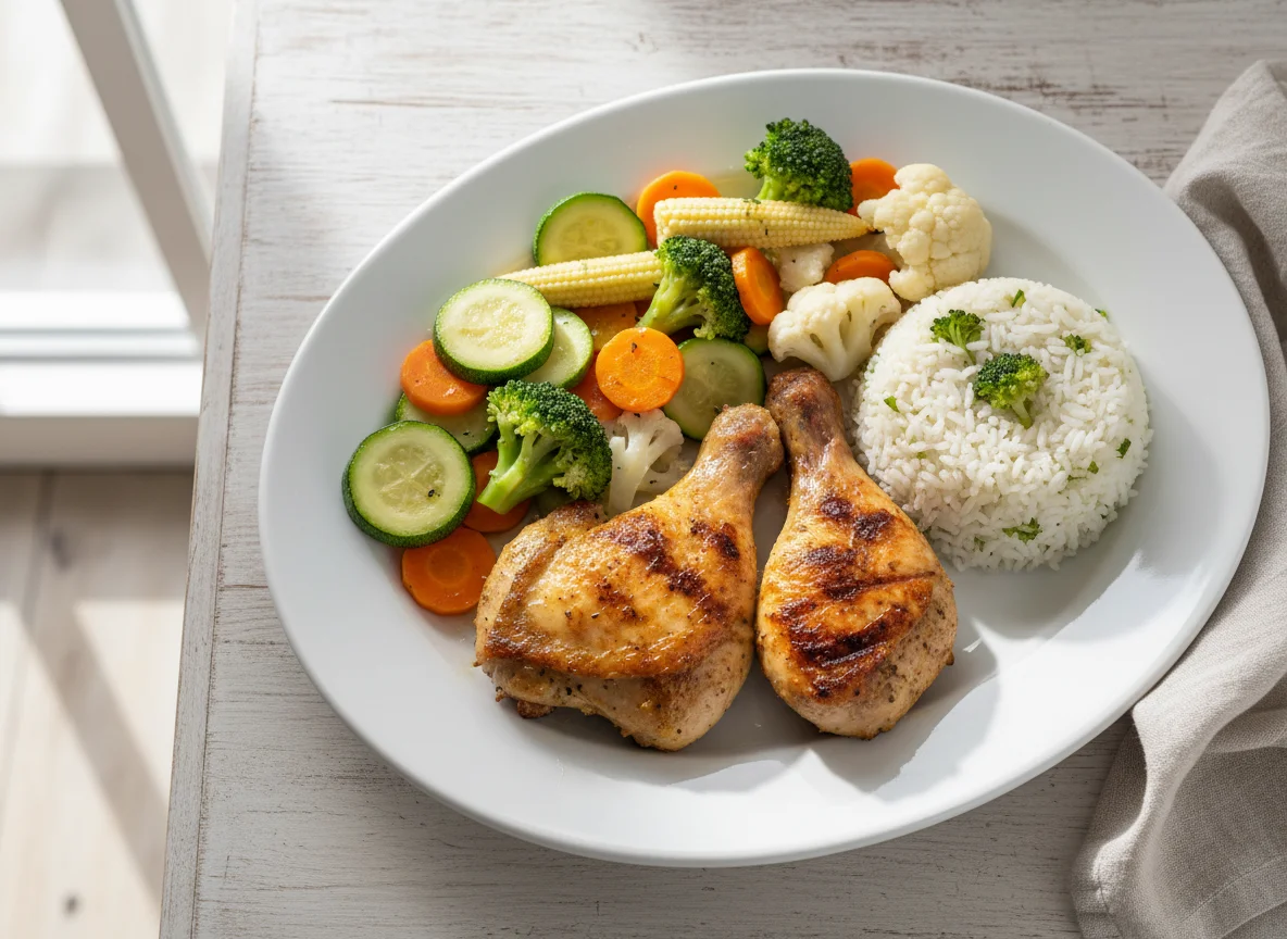 Frango grelhado com arroz e vegetais photo