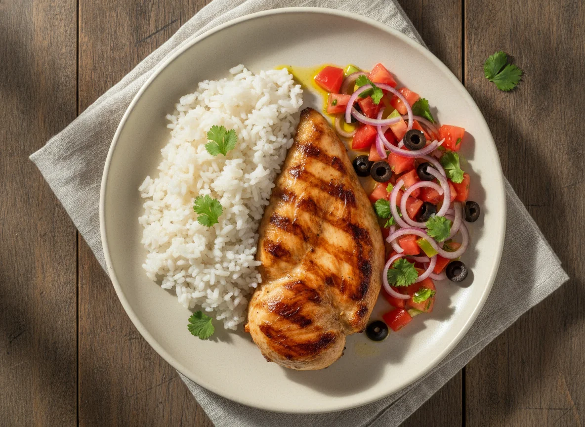 Frango grelhado com arroz e vinagrete photo