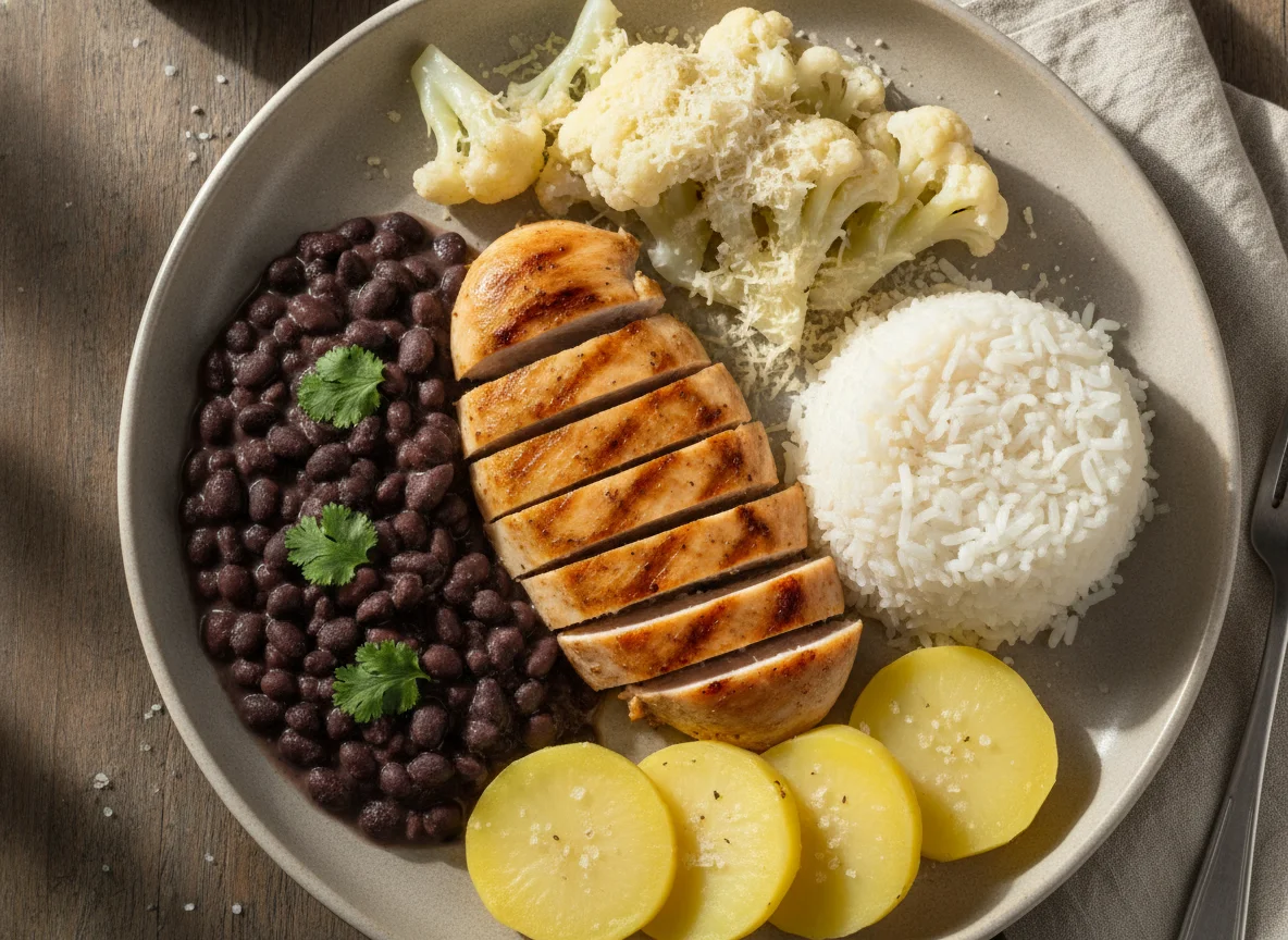 Frango grelhado com arroz, feijão, batata e couve-flor photo