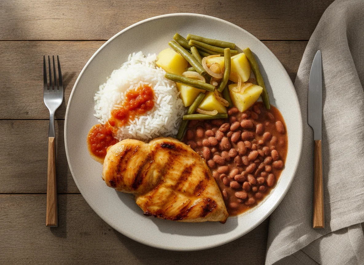 Frango grelhado com arroz, feijão, batata e vagem photo