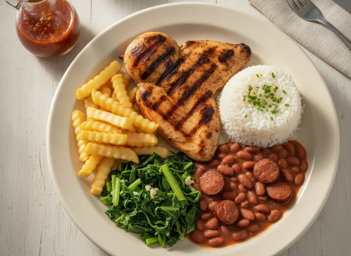 Frango grelhado com arroz, feijão, batata frita e couve photo