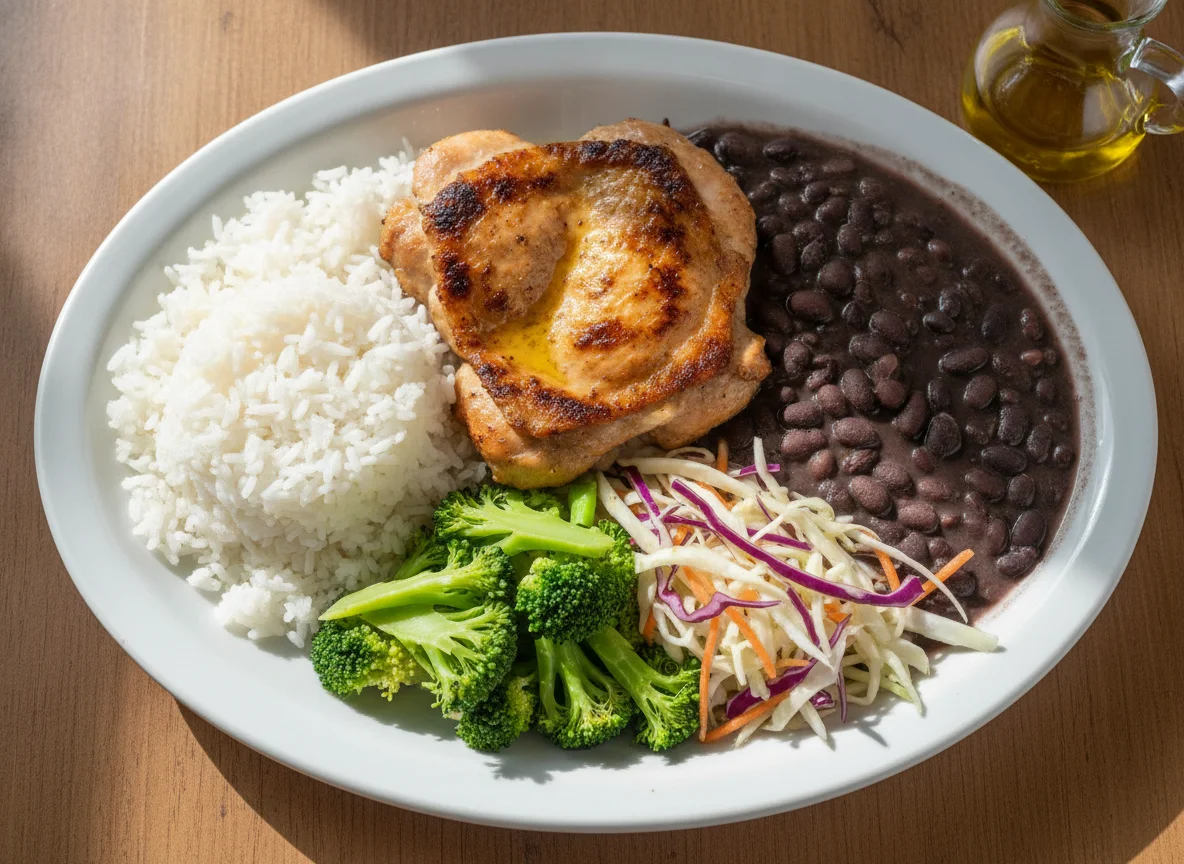 Frango grelhado com arroz, feijão, brócolis e salada de repolho photo