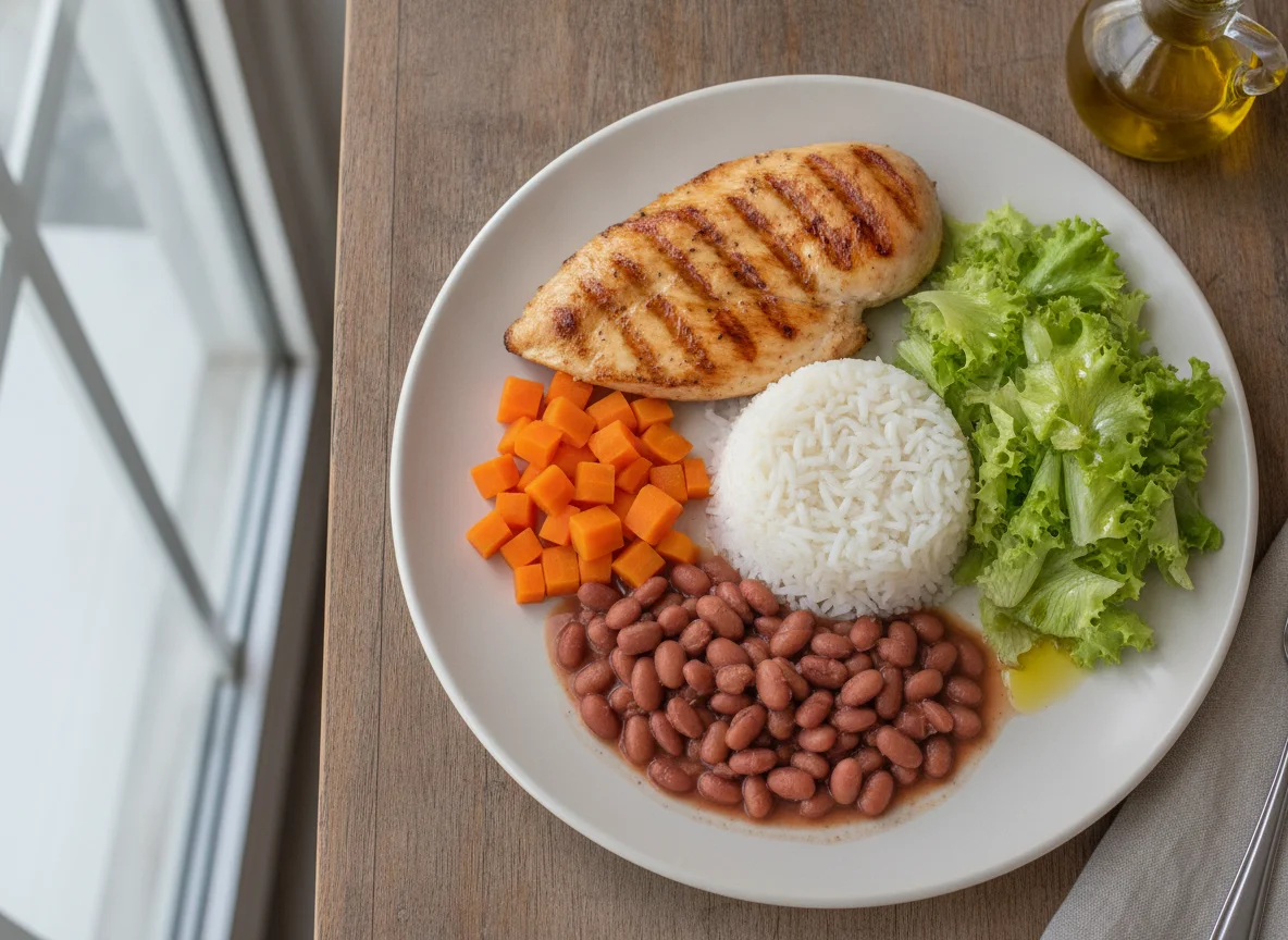 Frango grelhado com arroz, feijão, cenoura e salada photo