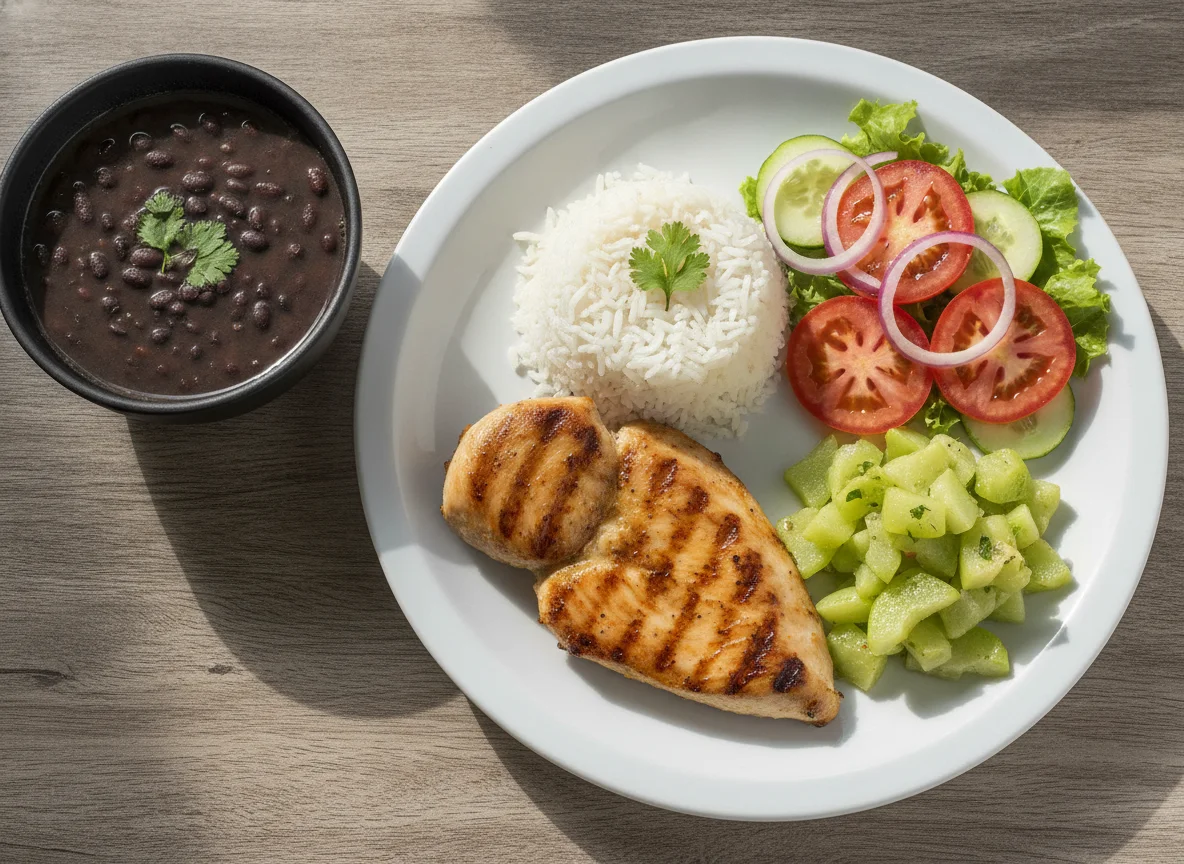 Frango grelhado com arroz, feijão, chuchu e salada photo
