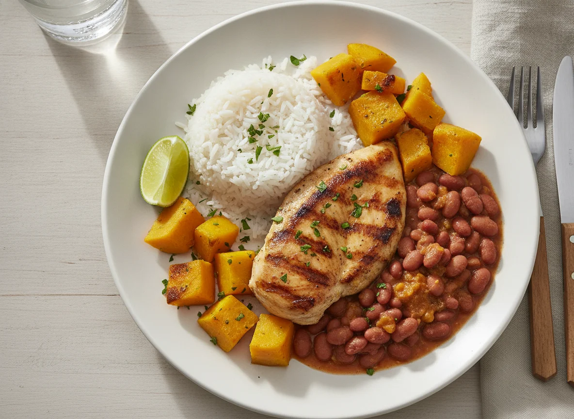 Frango grelhado com arroz, feijão e abóbora photo