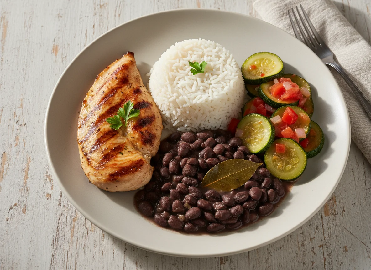 Frango grelhado com arroz, feijão e abobrinha refogada photo