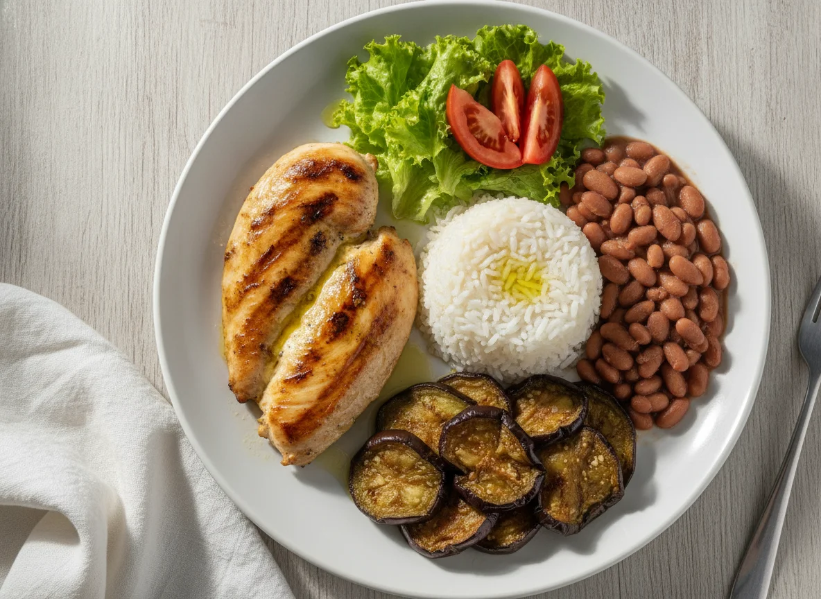 Frango grelhado com arroz, feijão e berinjela photo