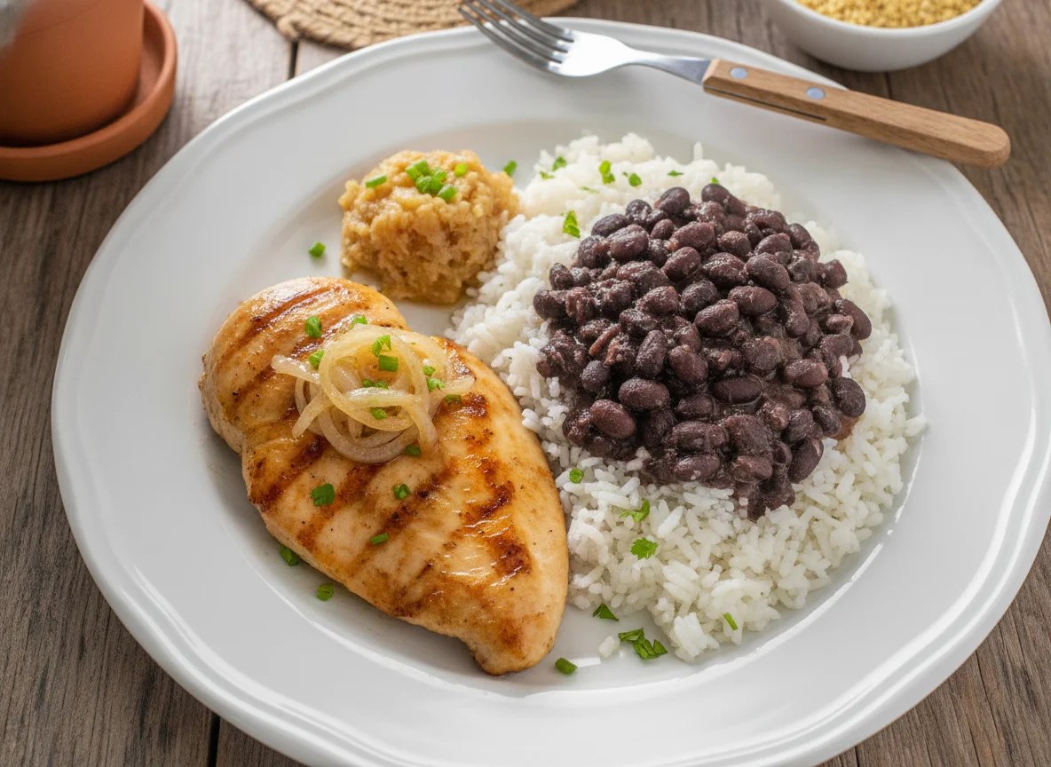 Frango grelhado com arroz, feijão e cebola photo