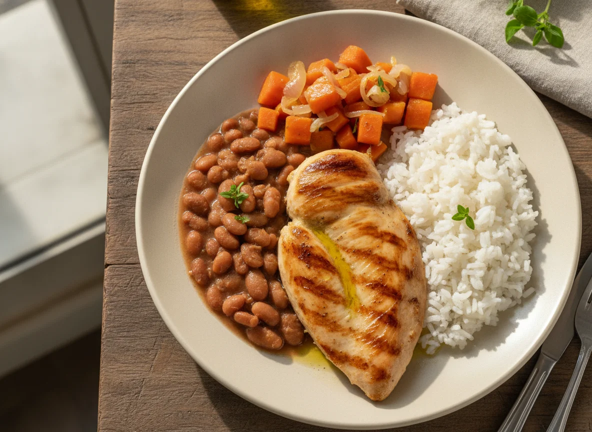 Frango grelhado com arroz, feijão e cenoura photo