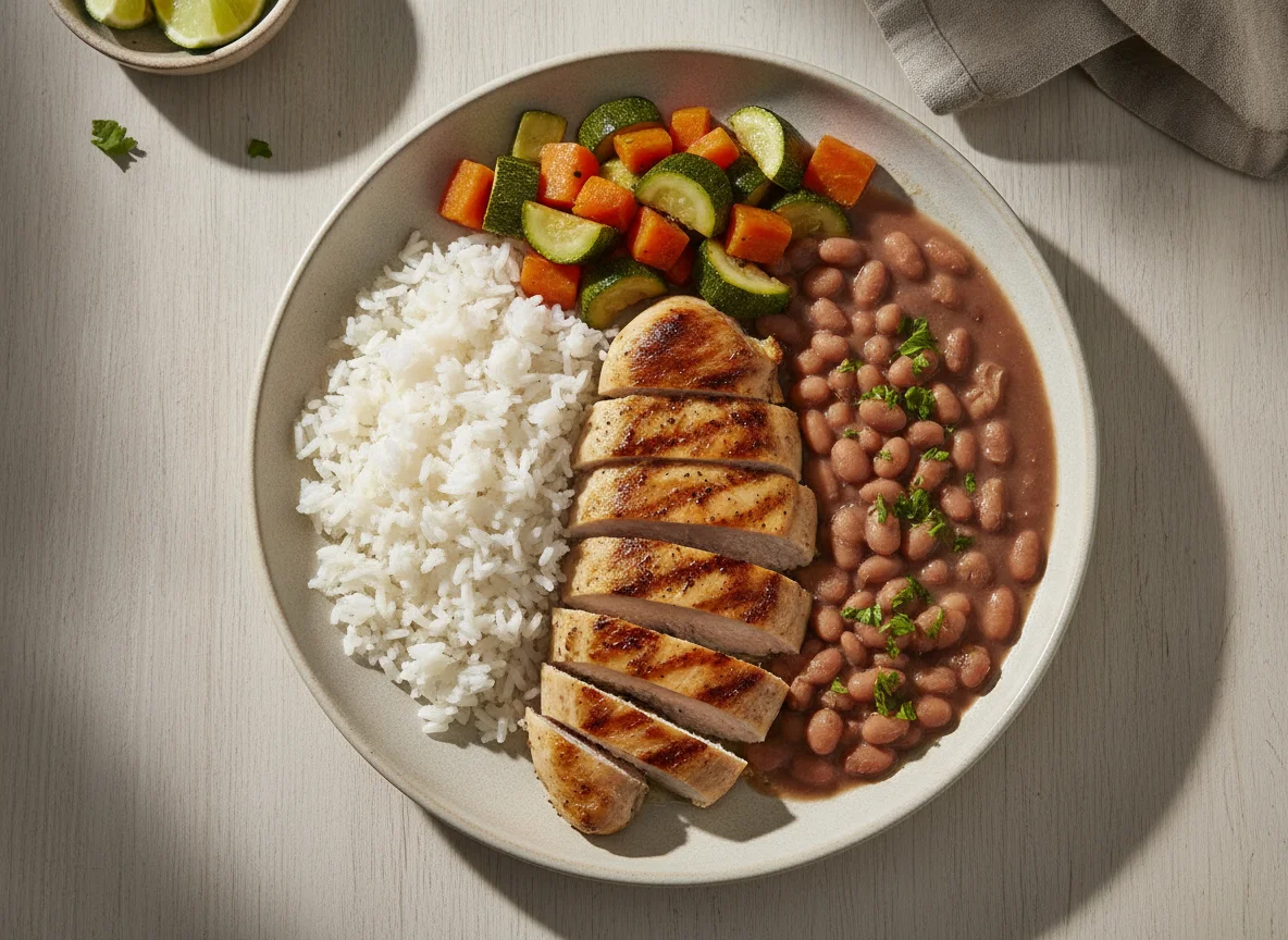 Frango grelhado com arroz, feijão e legumes photo