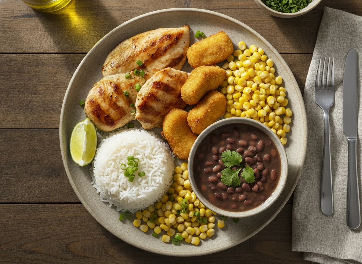 Frango Grelhado com Arroz, Feijão e Milho photo