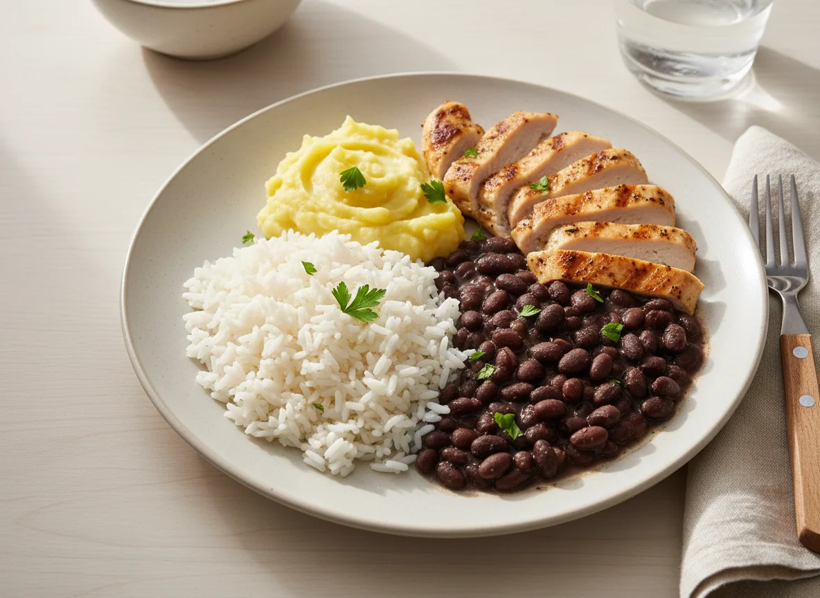 Frango grelhado com arroz, feijão e purê de batata photo