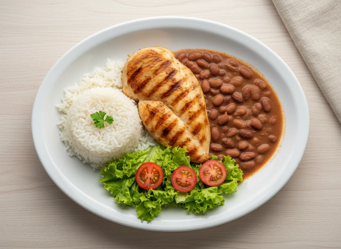 Frango grelhado com arroz, feijão e salada photo