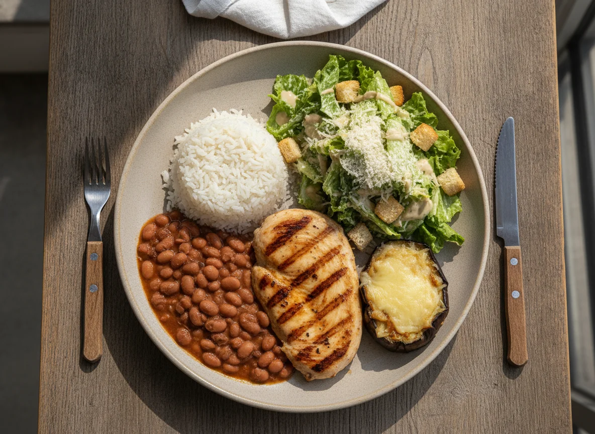 Frango grelhado com arroz, feijão e salada Caesar photo