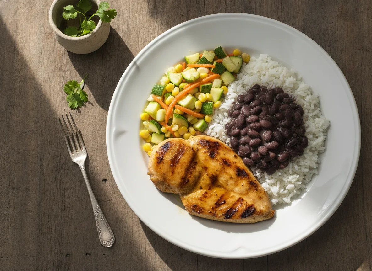 Frango grelhado com arroz, feijão e salada de legumes photo