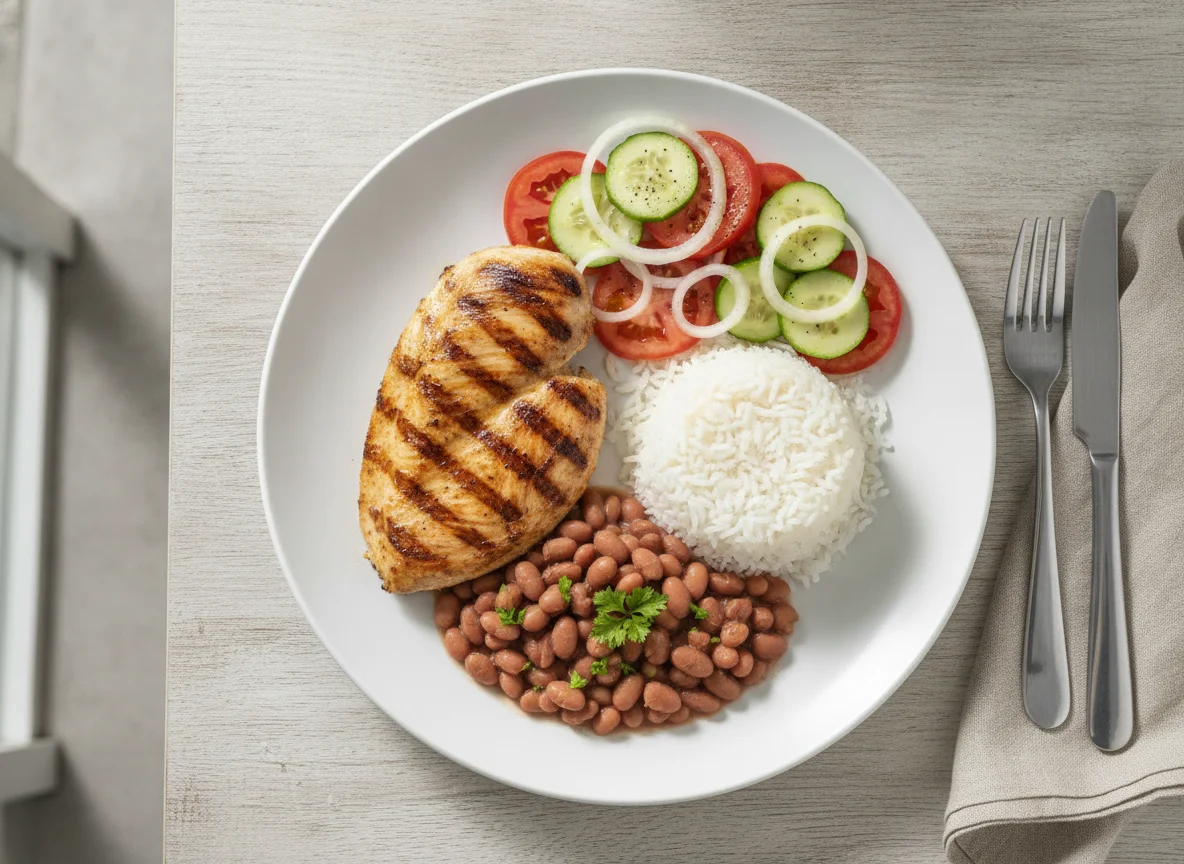Frango grelhado com arroz, feijão e salada de pepino e tomate photo