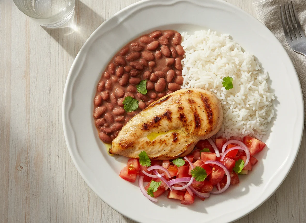 Frango grelhado com arroz, feijão e salada de tomate photo