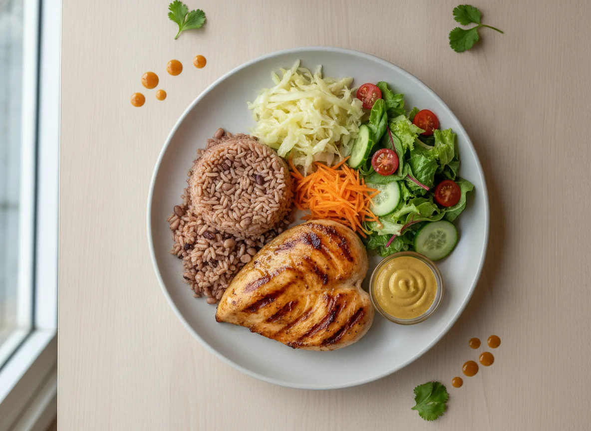 Frango grelhado com arroz, feijão e salada variada photo