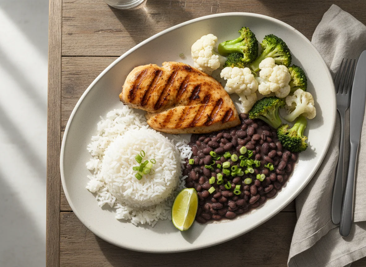 Frango grelhado com arroz, feijão e vegetais photo